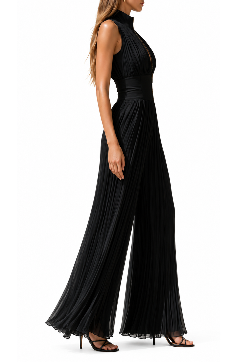 Women’s White and Black Elegant Collared Sleeveless Fitted Wide-Leg Jumpsuit