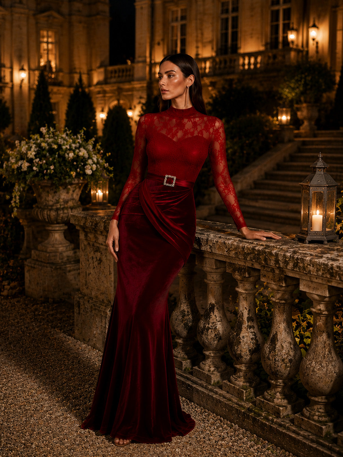 Women’s Red Elegant Velvet Lace High Neck Long Sleeve Mermaid Fit Maxi Evening Dress