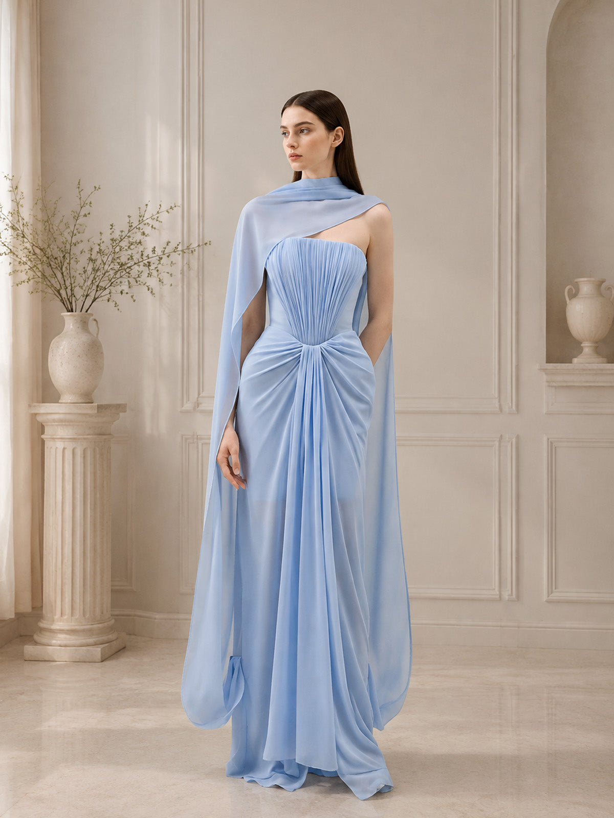 Women’s Light Blue Refined Chiffon Draped Cape Sleeve Maxi Dress
