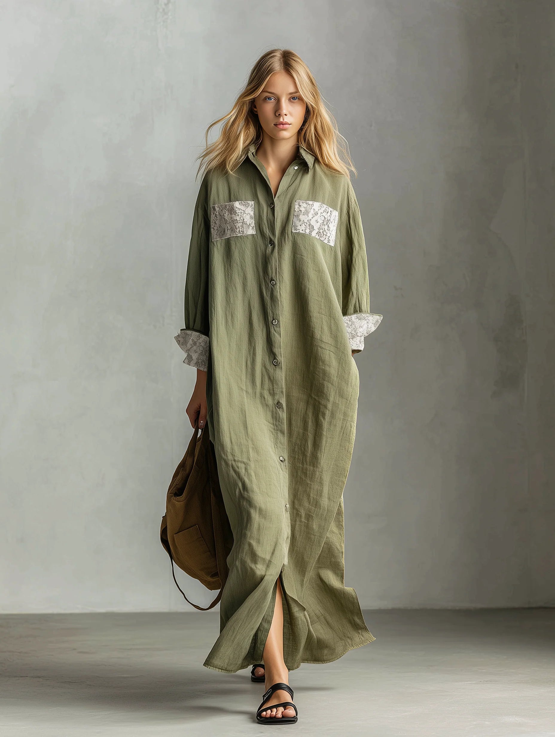 Women’s Olive Casual Cotton Blend Classic Collar Long Sleeve Relaxed Shirt Dress