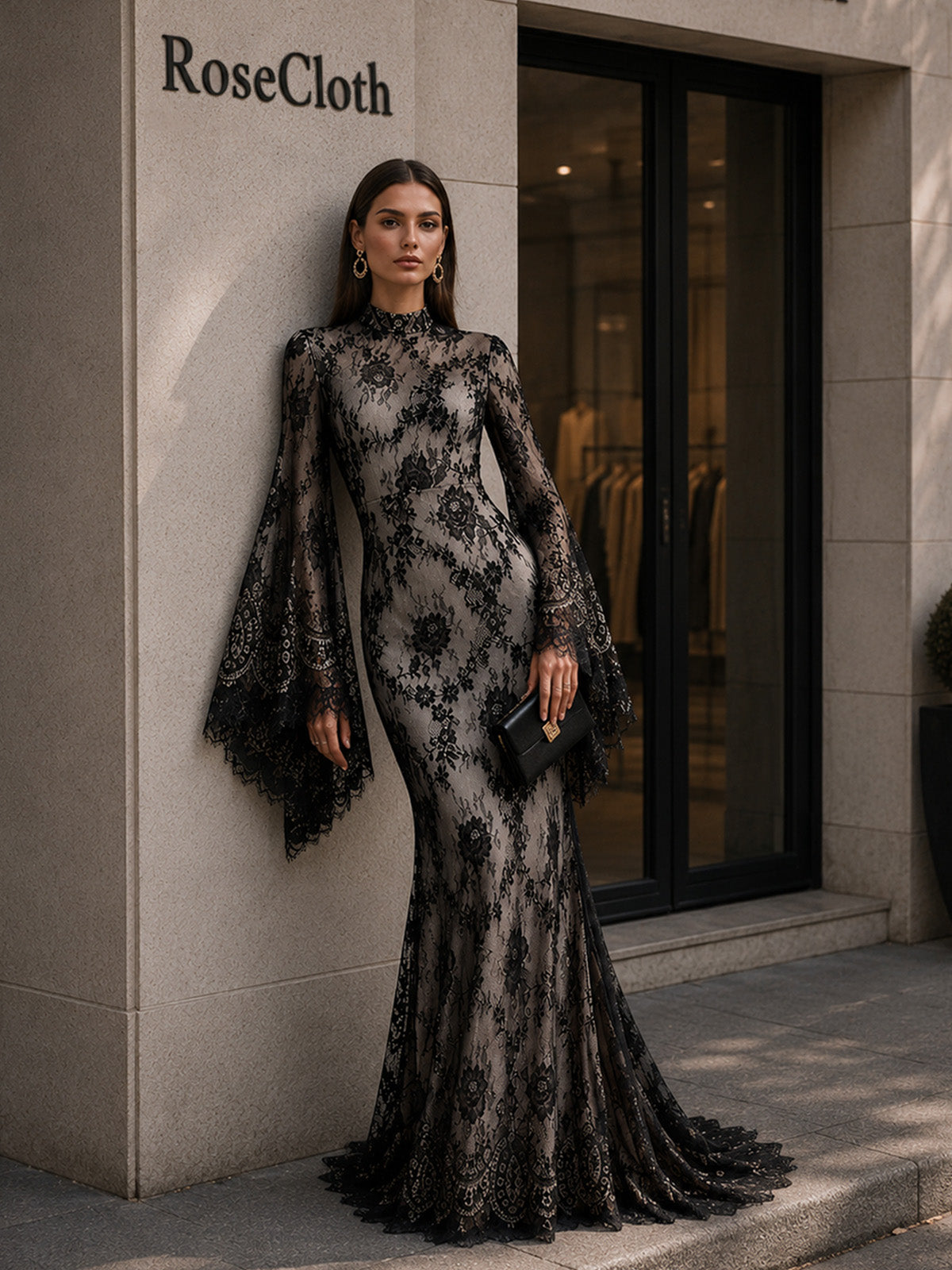 Women’s Black Elegant Lace Mock Neck Long Bell Sleeve Slim Mermaid Maxi Dress
