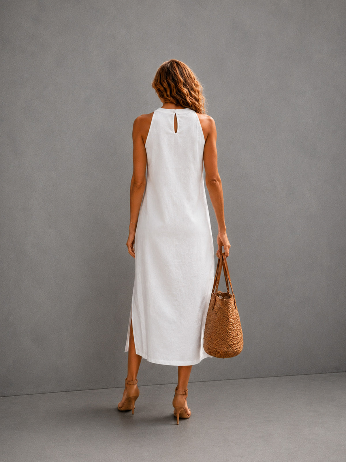 Women’s Sky Blue Elegant High-Neck Sleeveless Regular Midi Daily Dress