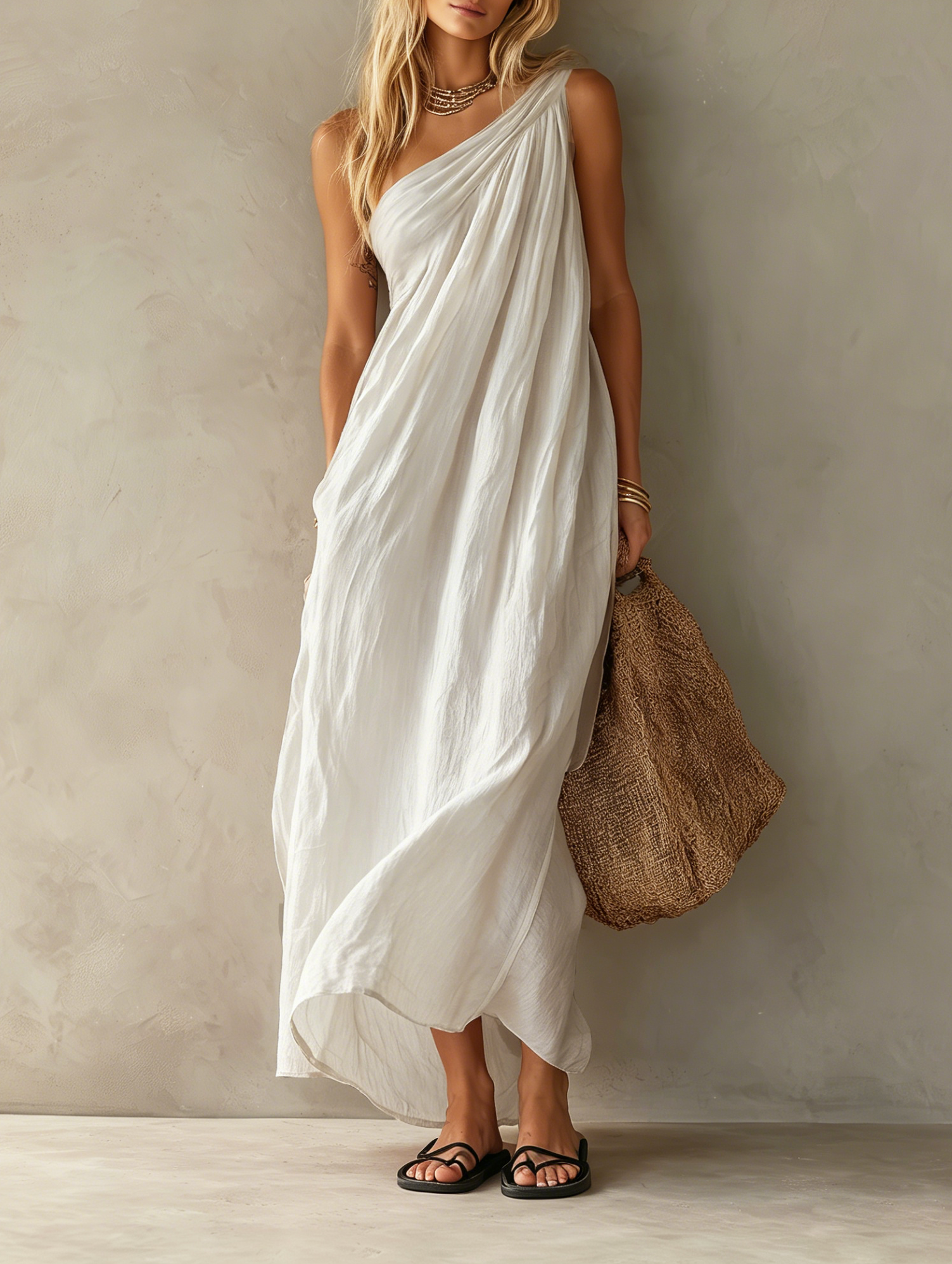 Women’s Elegant Cotton-Linen Blend One-Shoulder Sleeveless Loose-Fit Maxi Dress