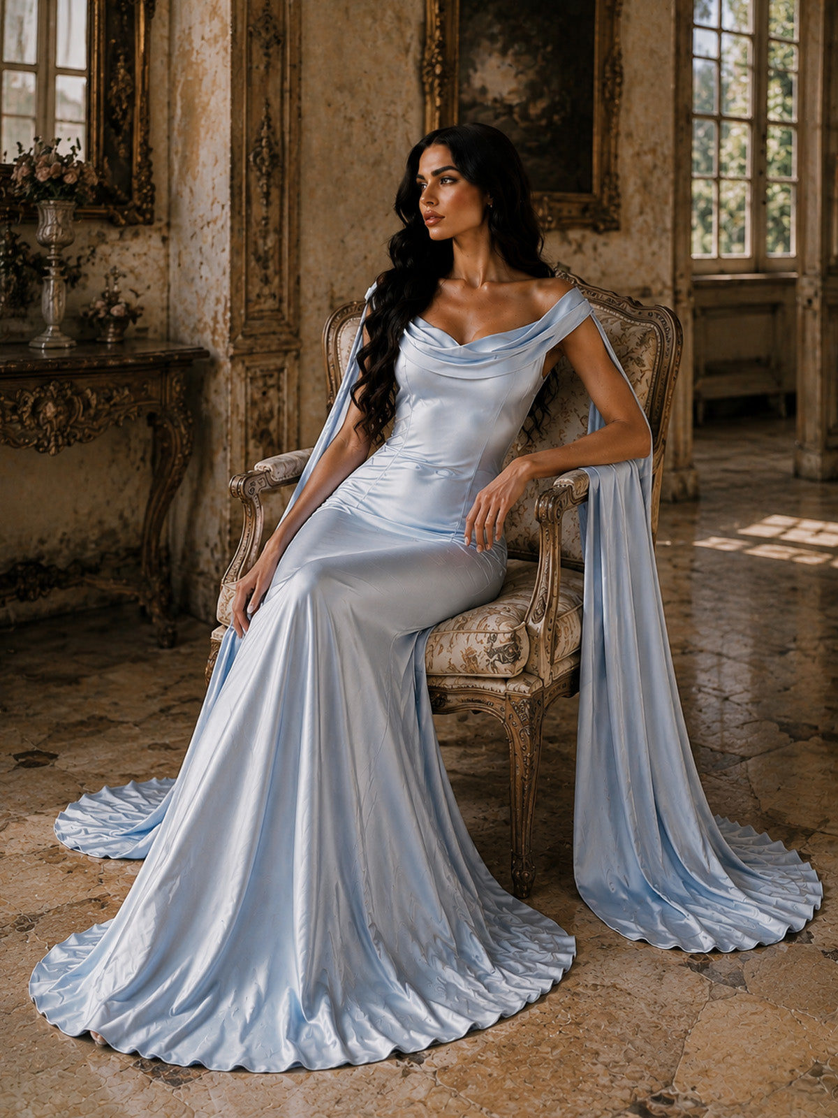 Women’s Light Blue Luxurious Satin Off Shoulder Cape Sleeve Mermaid Maxi Dress