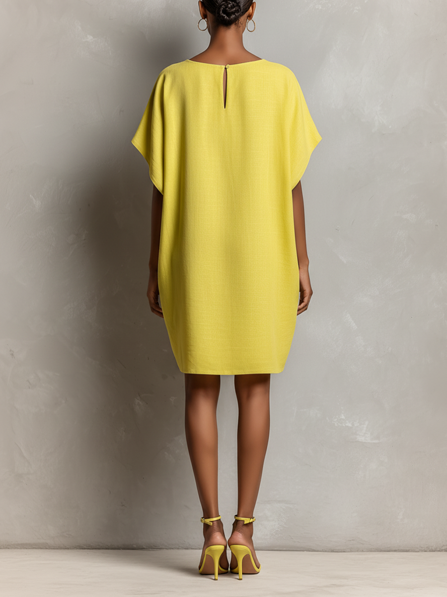 Women’s Lime Yellow Minimalist Linen-Blend Crew-Neck Batwing Sleeve Relaxed Mini Shift Dress