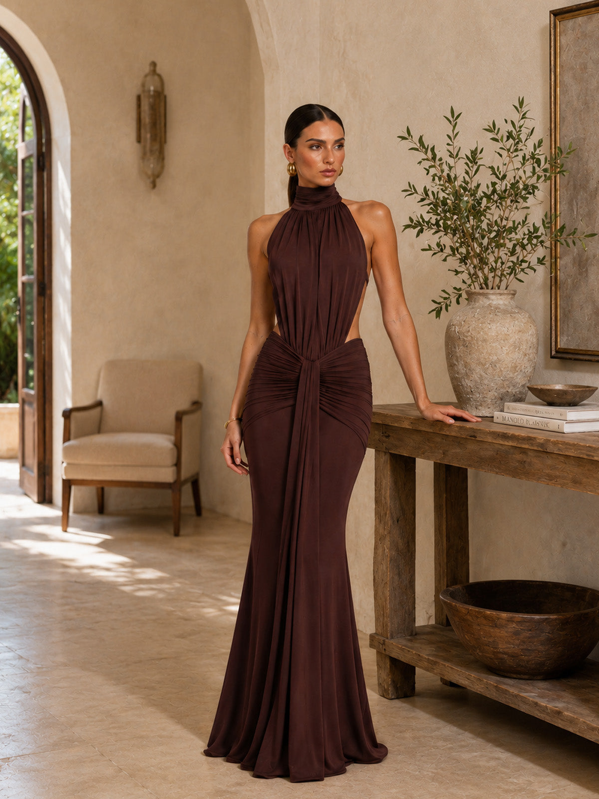 Women’s Brown Draped Jersey Halter Neck Sleeveless Slim Mermaid Maxi Dress