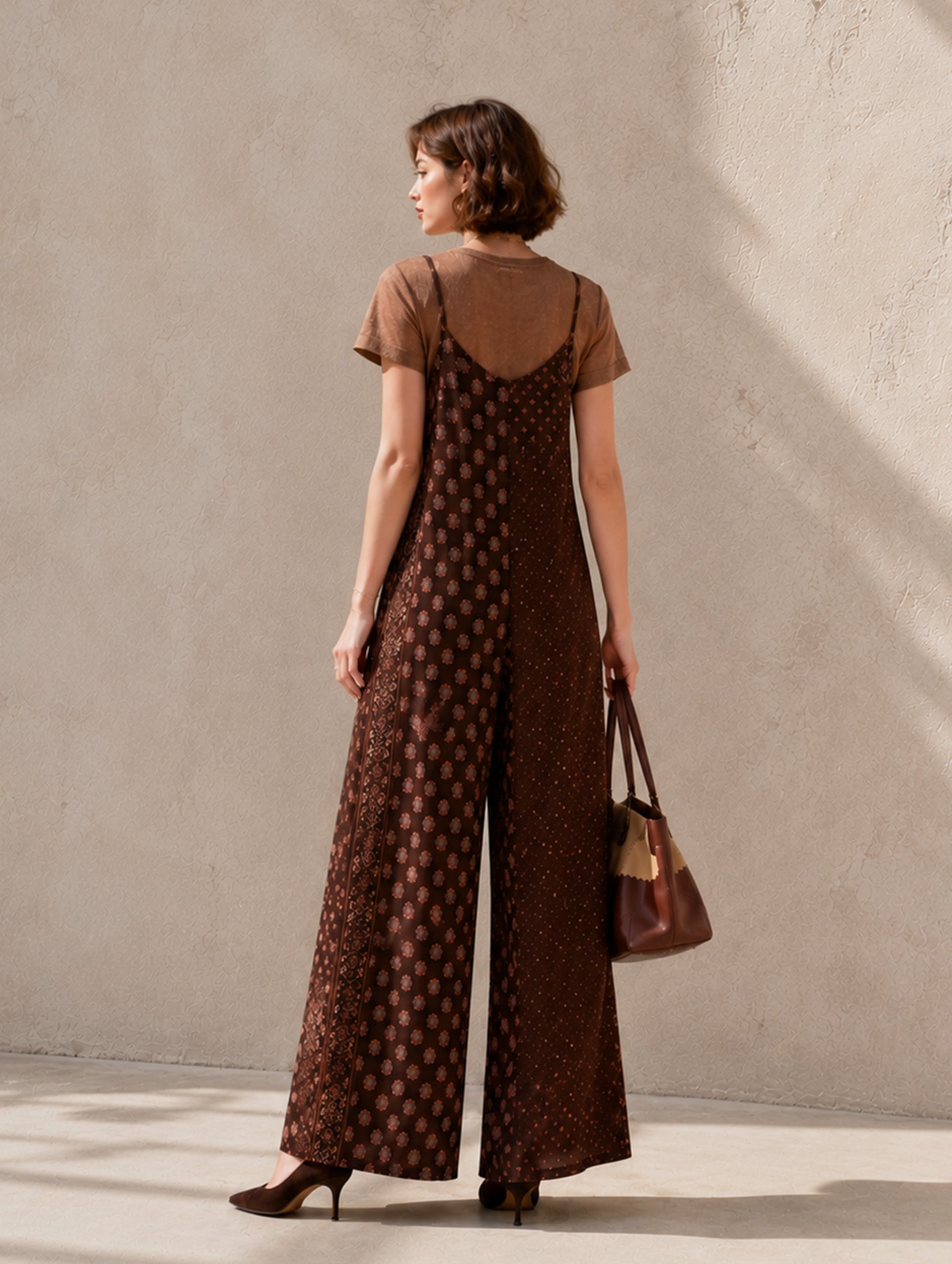 Women’s Coffee Brown Elegant Lightweight Woven Round Neck Short Sleeve Regular Full-Length Straight-Leg Jumpsuit with Polka Dot Print