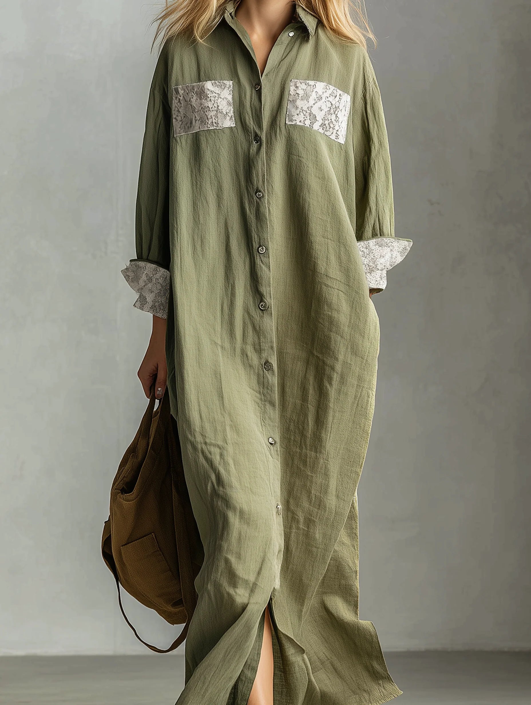 Women’s Olive Casual Cotton Blend Classic Collar Long Sleeve Relaxed Shirt Dress