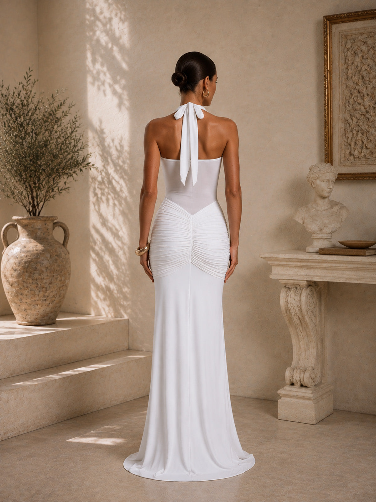Women’s Burgundy Elegant Ruched Halter Neck Backless Maxi Dress