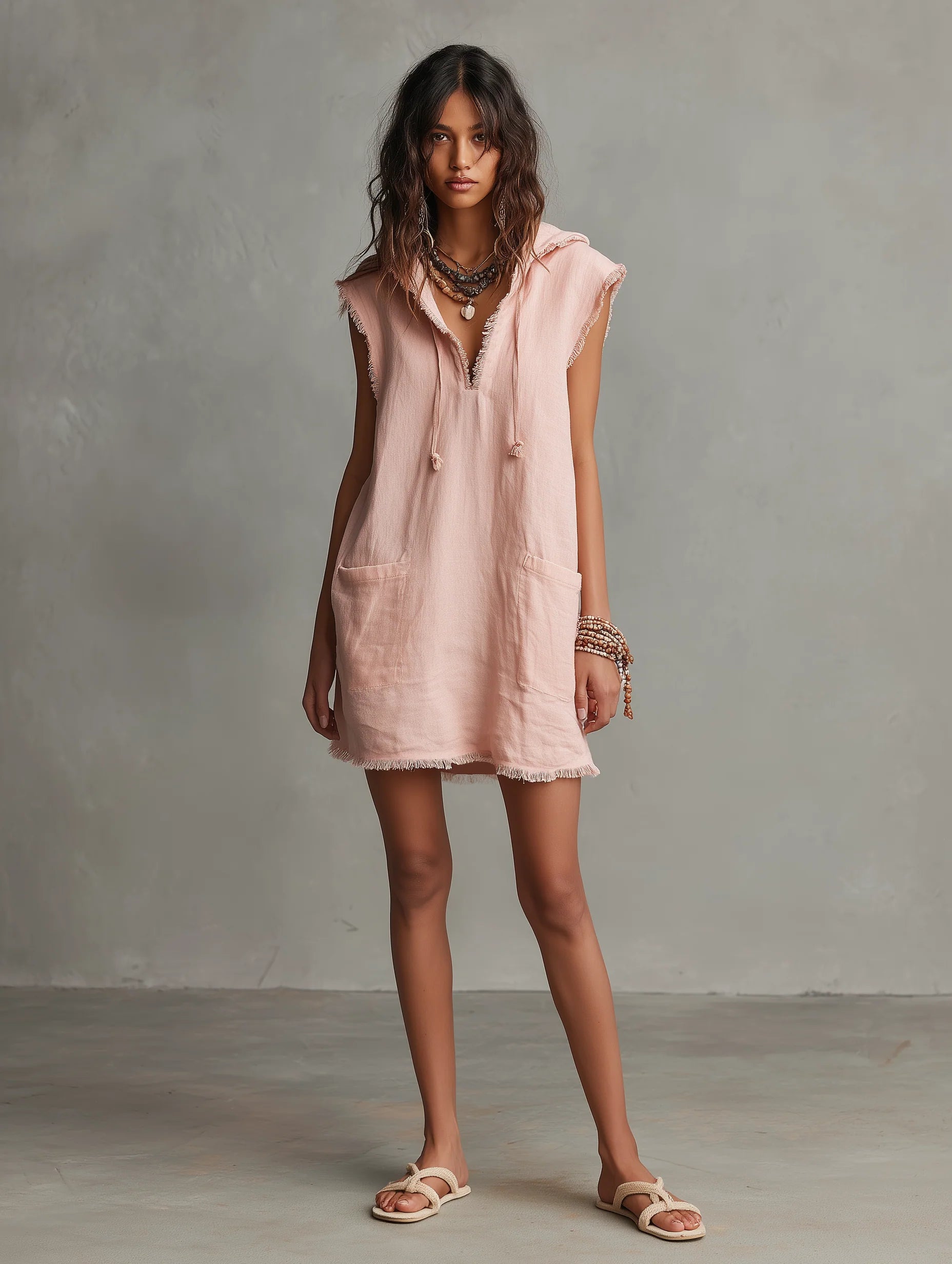 Women’s Beige Casual Linen V-Neck Sleeveless Relaxed Mini Dress