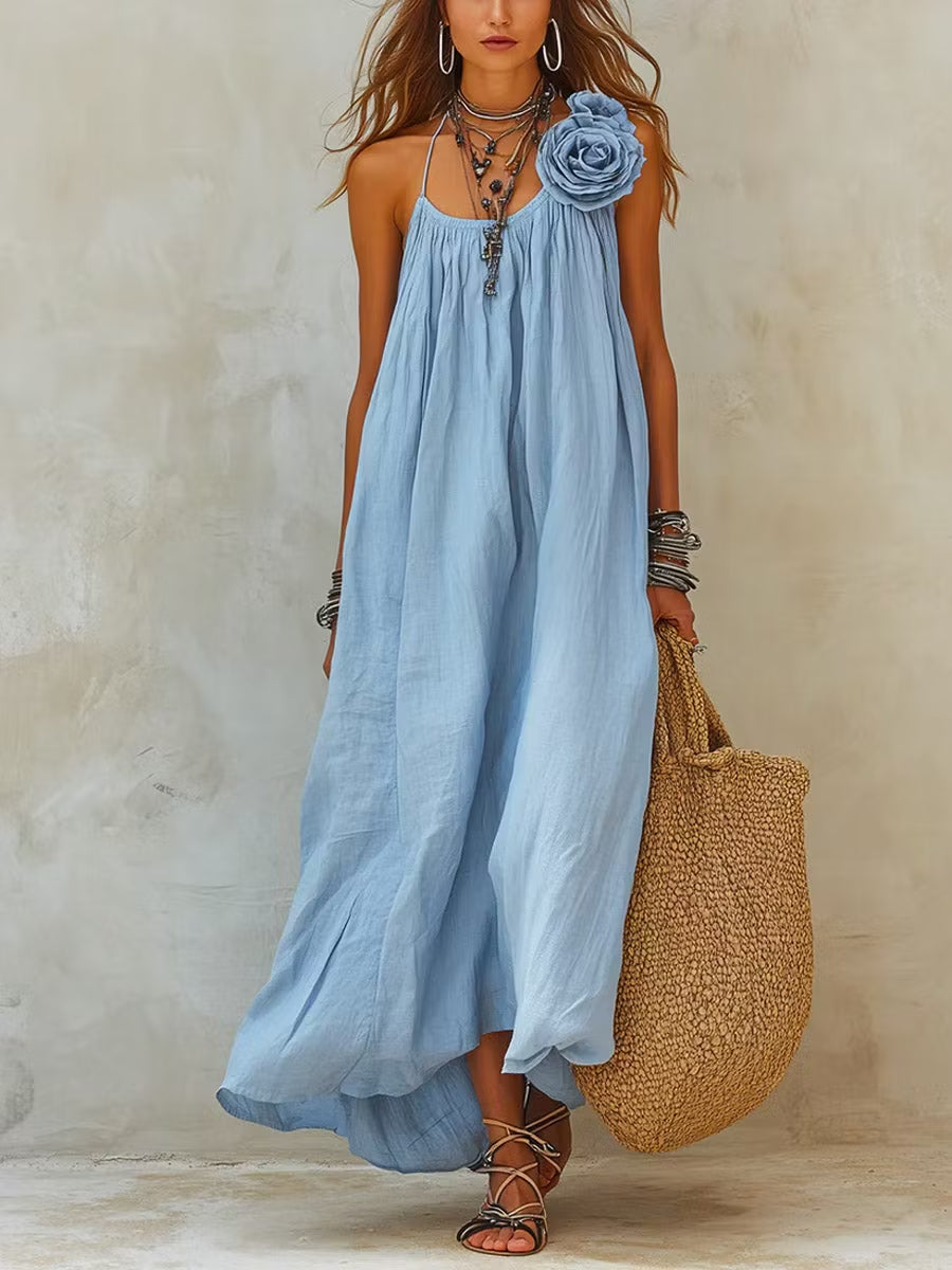 Women’s Light Blue Casual Cotton-Linen Blend Round Neck Sleeveless Relaxed Maxi Dress with Floral Applique
