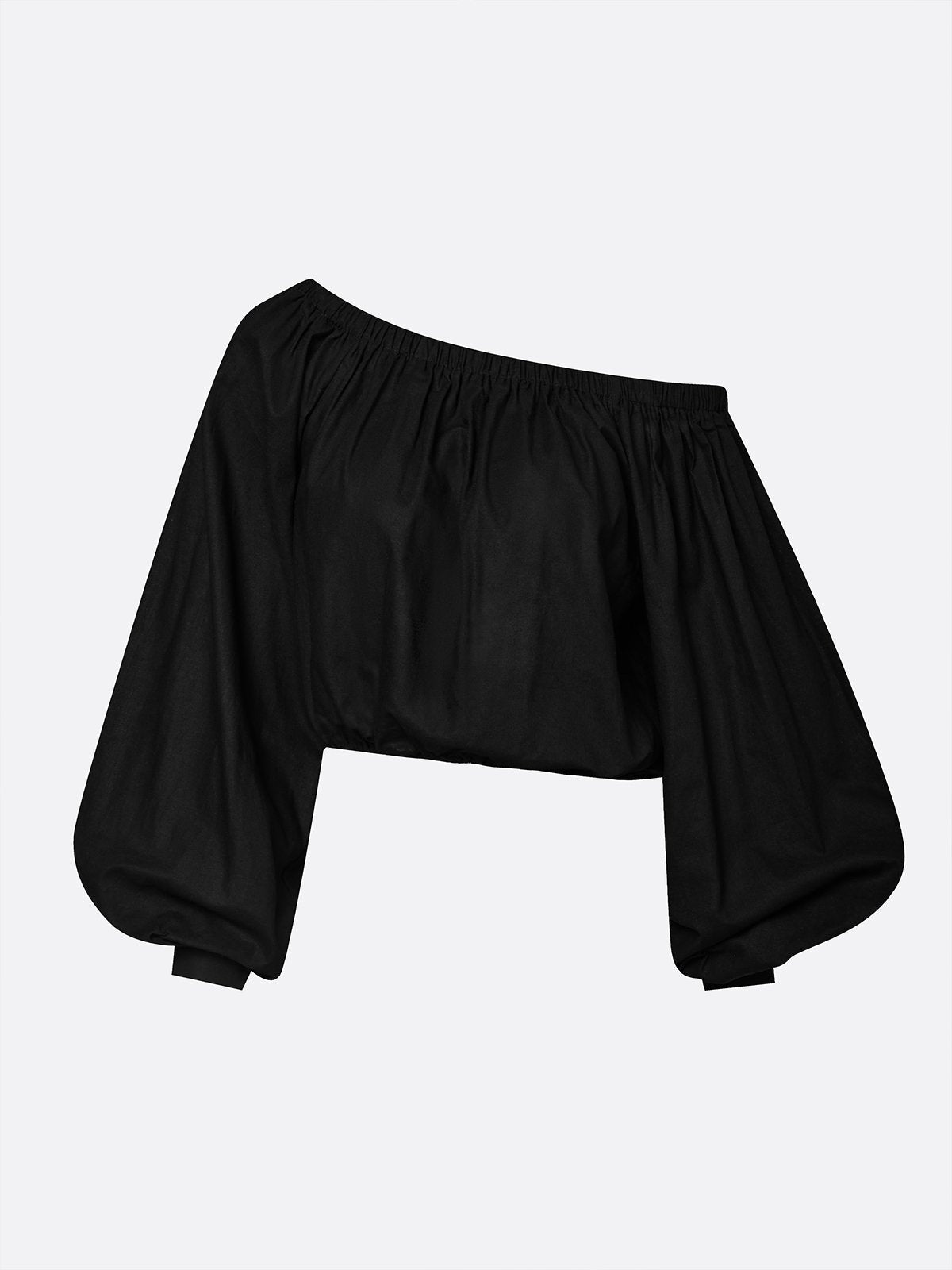 Women’s Black Casual Cotton-Linen Off-Shoulder Gathered Balloon Sleeve Blouse & Wide-Leg Pants Set