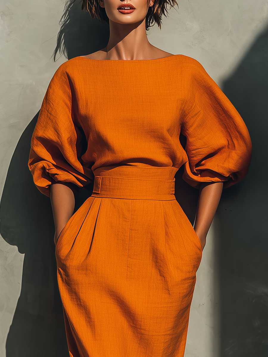 Women’s Orange Elegant Cotton-Blend Boat-Neck Long Sleeve Tailored Midi Skirt Set