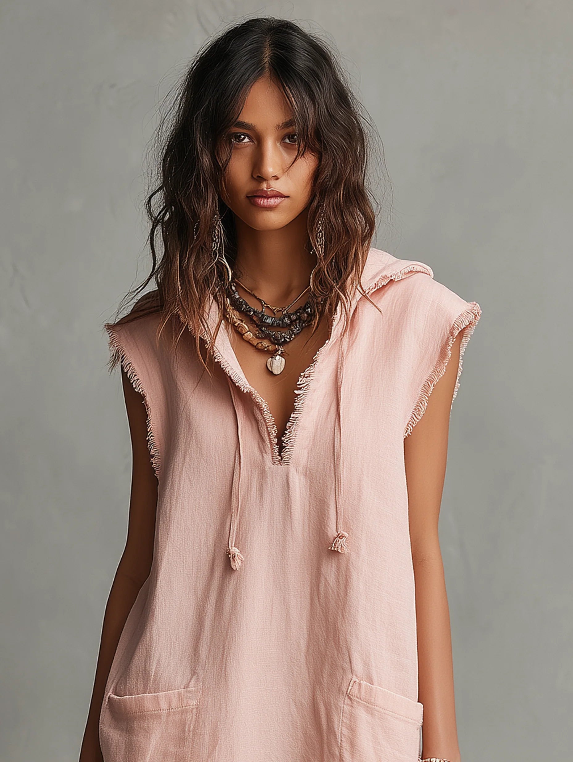 Women’s Beige Casual Linen V-Neck Sleeveless Relaxed Mini Dress