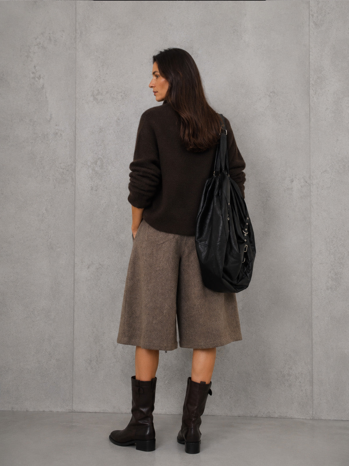 Women’s Black Modern Knit Stand Collar Long Sleeve Top and Gray Wide Leg Bermuda Shorts Set