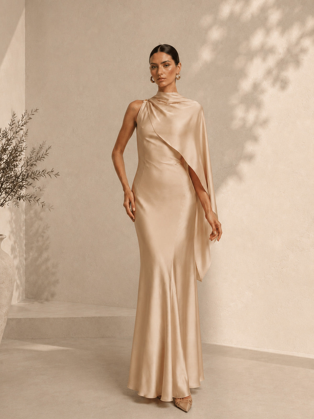 Women’s Glamorous Satin One-Shoulder Sleeveless Slim Mermaid Maxi Dress with Draped Train Detail