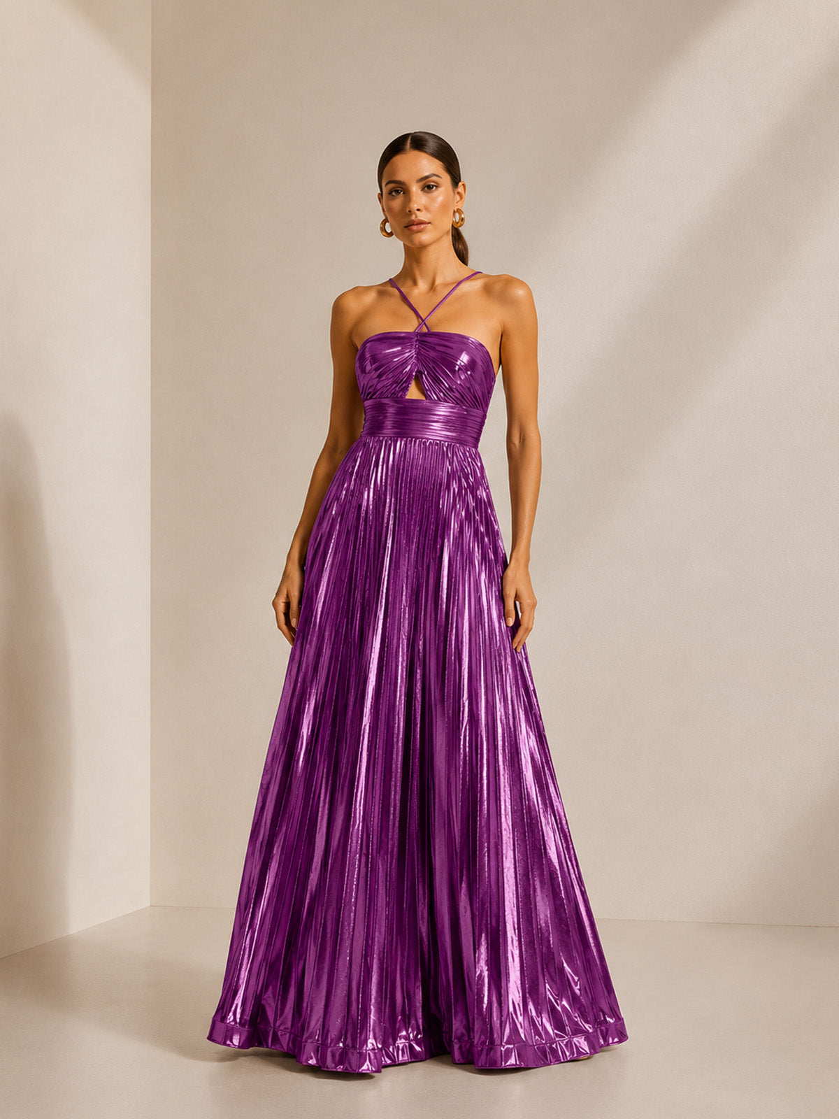 Women’s Gold Elegant Metallic Pleated Halter Neck Sleeveless A-Line Maxi Dress