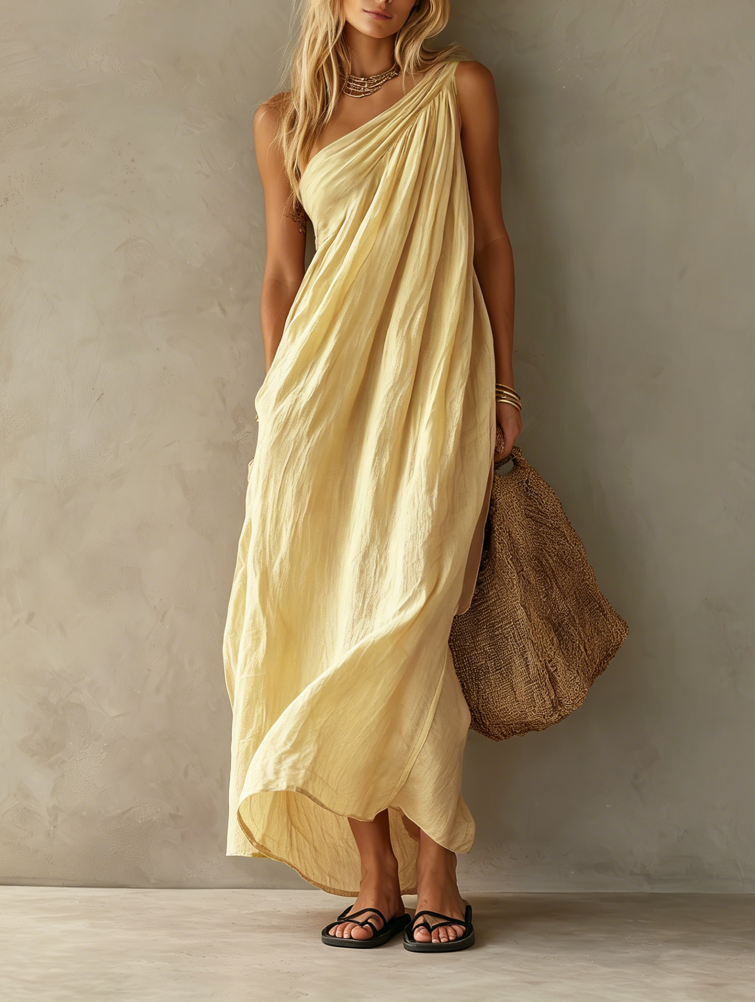 Women’s Elegant Cotton-Linen Blend One-Shoulder Sleeveless Loose-Fit Maxi Dress