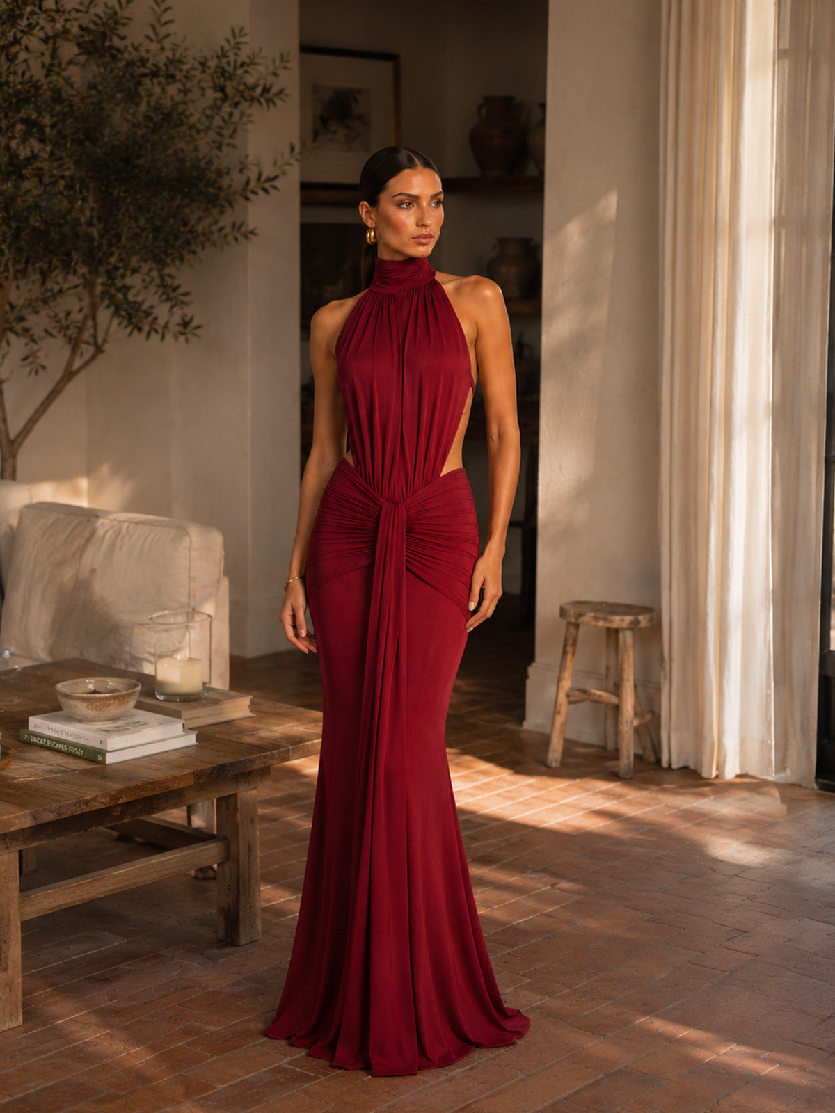 Women’s Brown Draped Jersey Halter Neck Sleeveless Slim Mermaid Maxi Dress