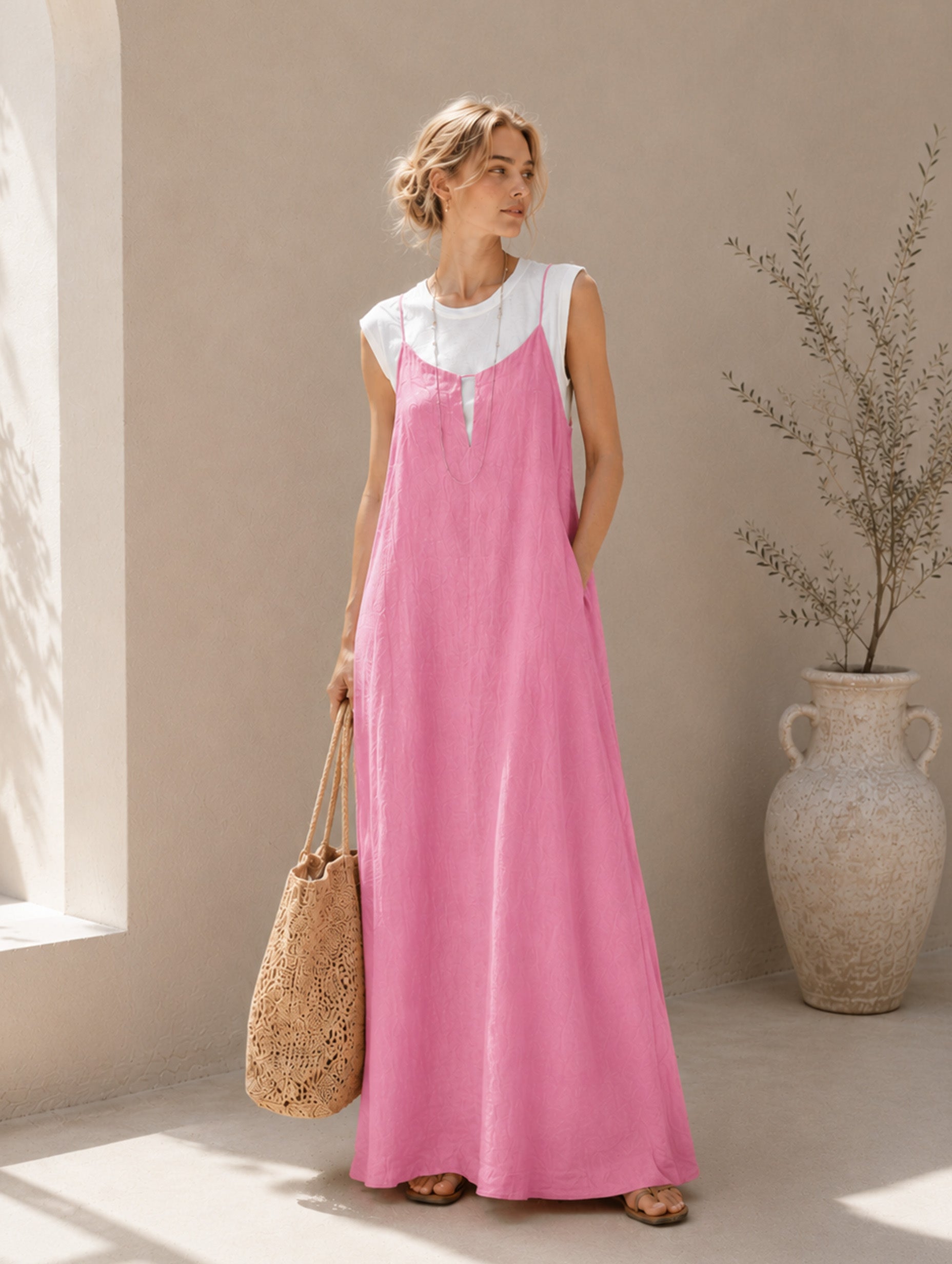 Women’s Pink Minimalist Lightweight Woven Round Neck Sleeveless Loose Full-Length Wide-Leg Jumpsuit with Layered Tank Design