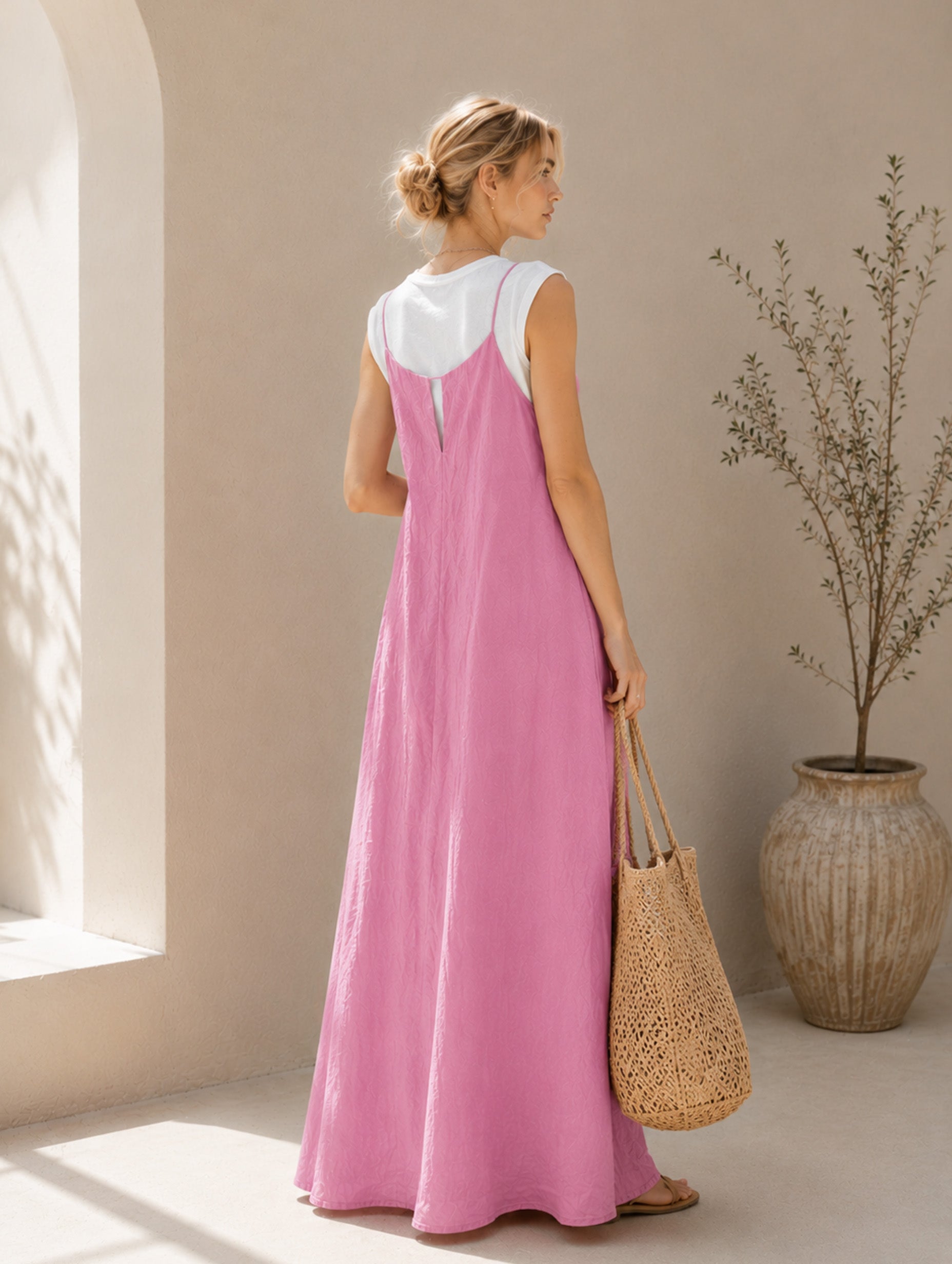 Women’s Pink Minimalist Lightweight Woven Round Neck Sleeveless Loose Full-Length Wide-Leg Jumpsuit with Layered Tank Design