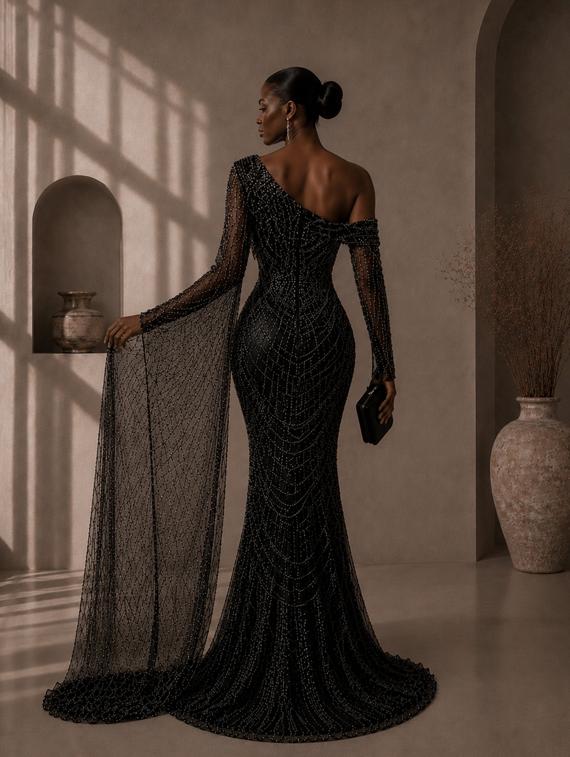 Women’s Elegant Sequin Asymmetrical Neck One Long Sleeve Regular Mermaid Maxi Dress with Beaded Detail
