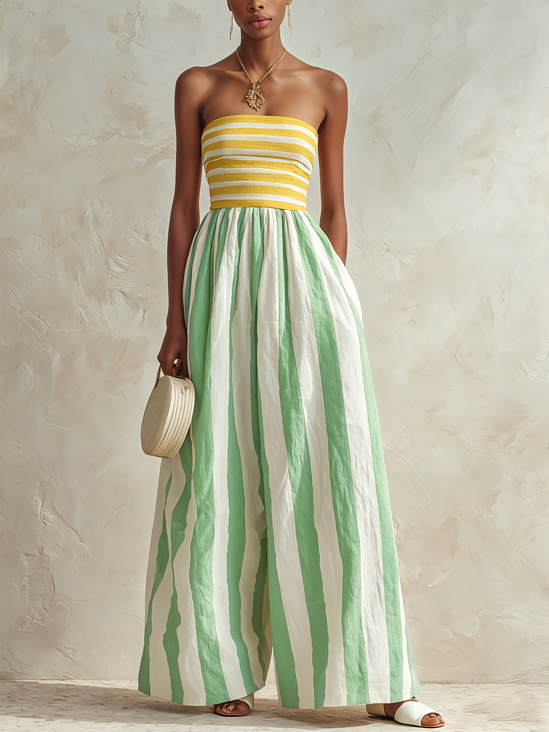 Red & White Striped Strapless Top With Blue & White Striped Wide-Leg Jumpsuit