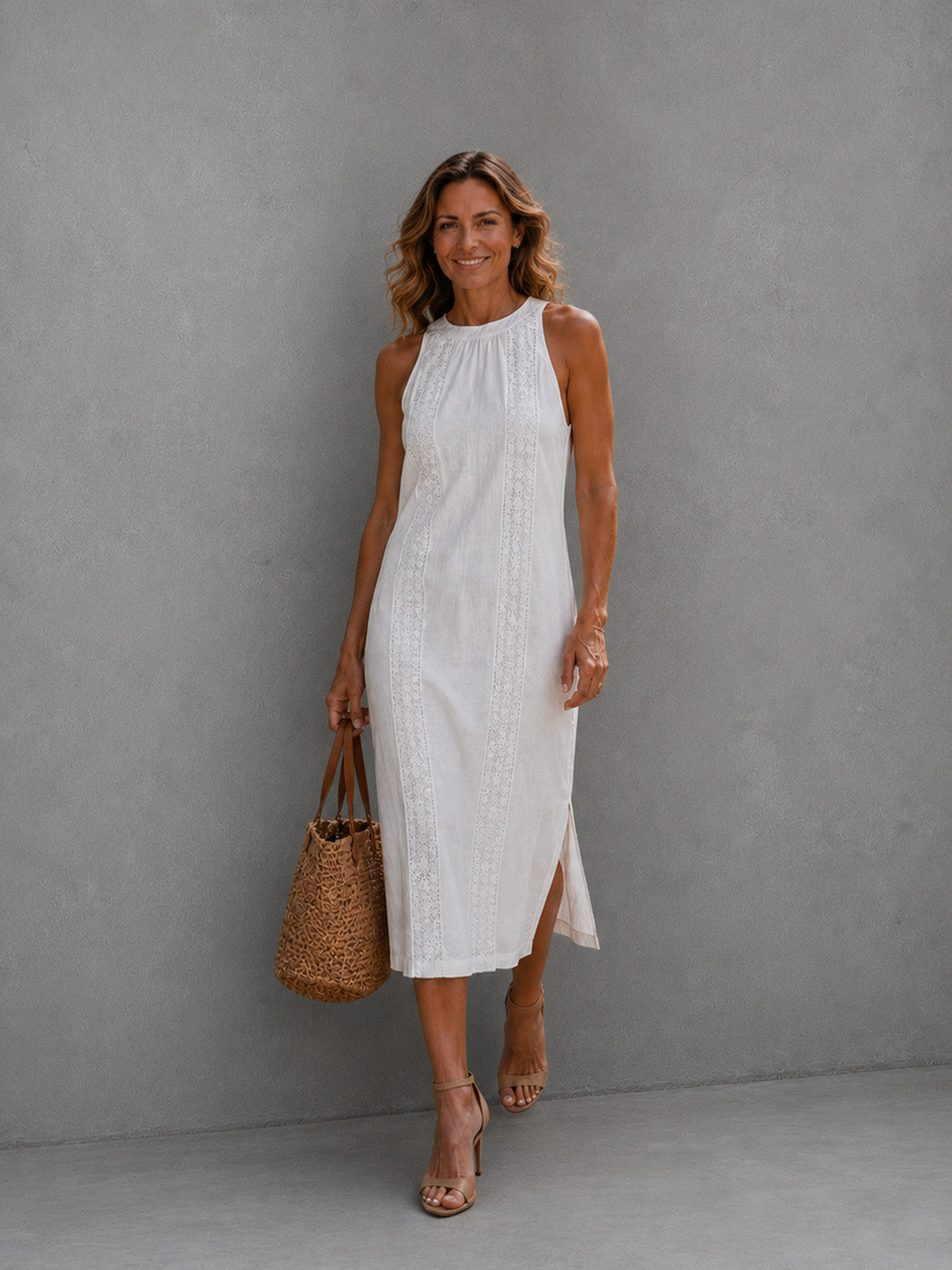 Women’s Sky Blue Elegant High-Neck Sleeveless Regular Midi Daily Dress