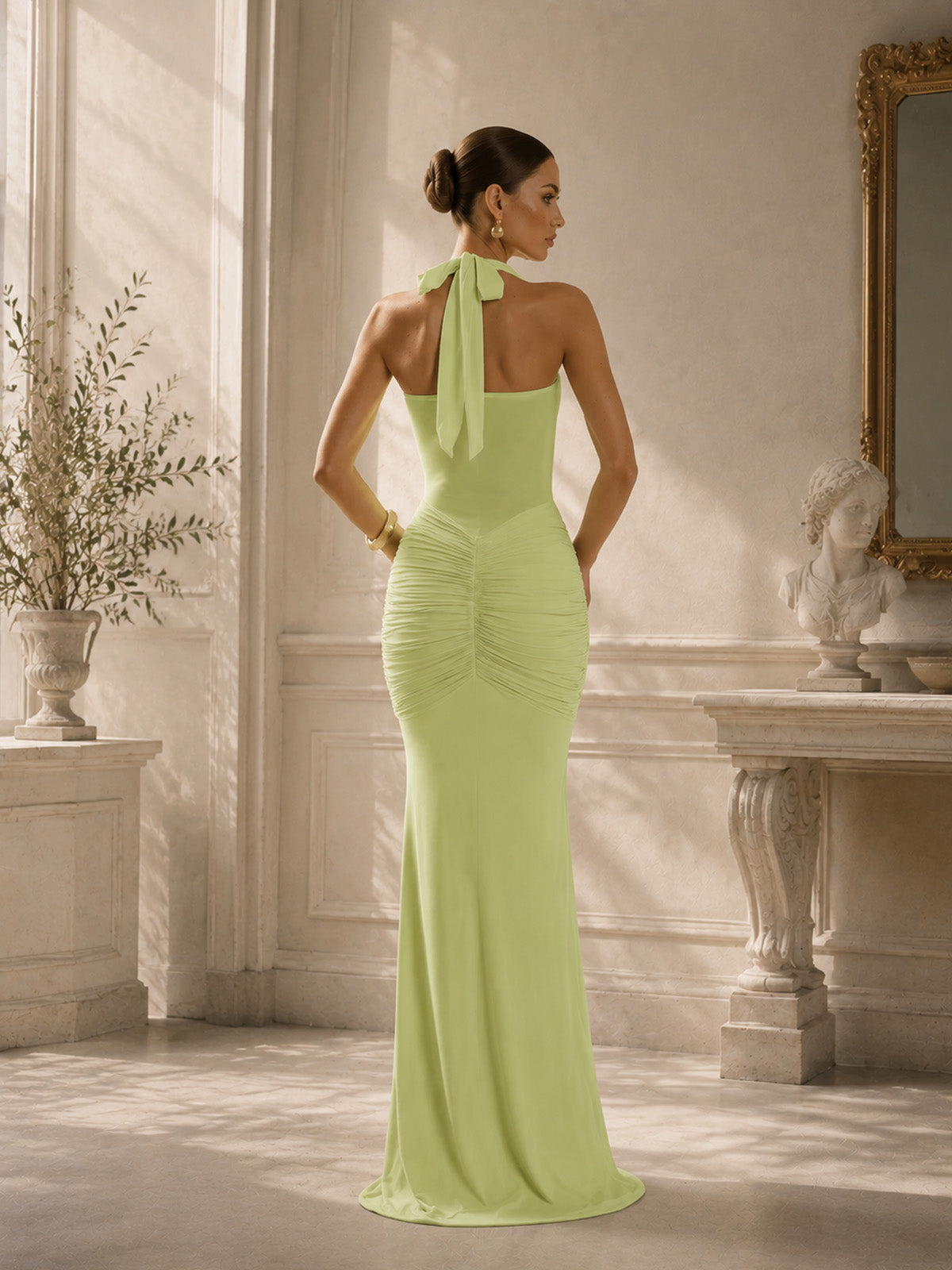 Women’s Burgundy Elegant Ruched Halter Neck Backless Maxi Dress