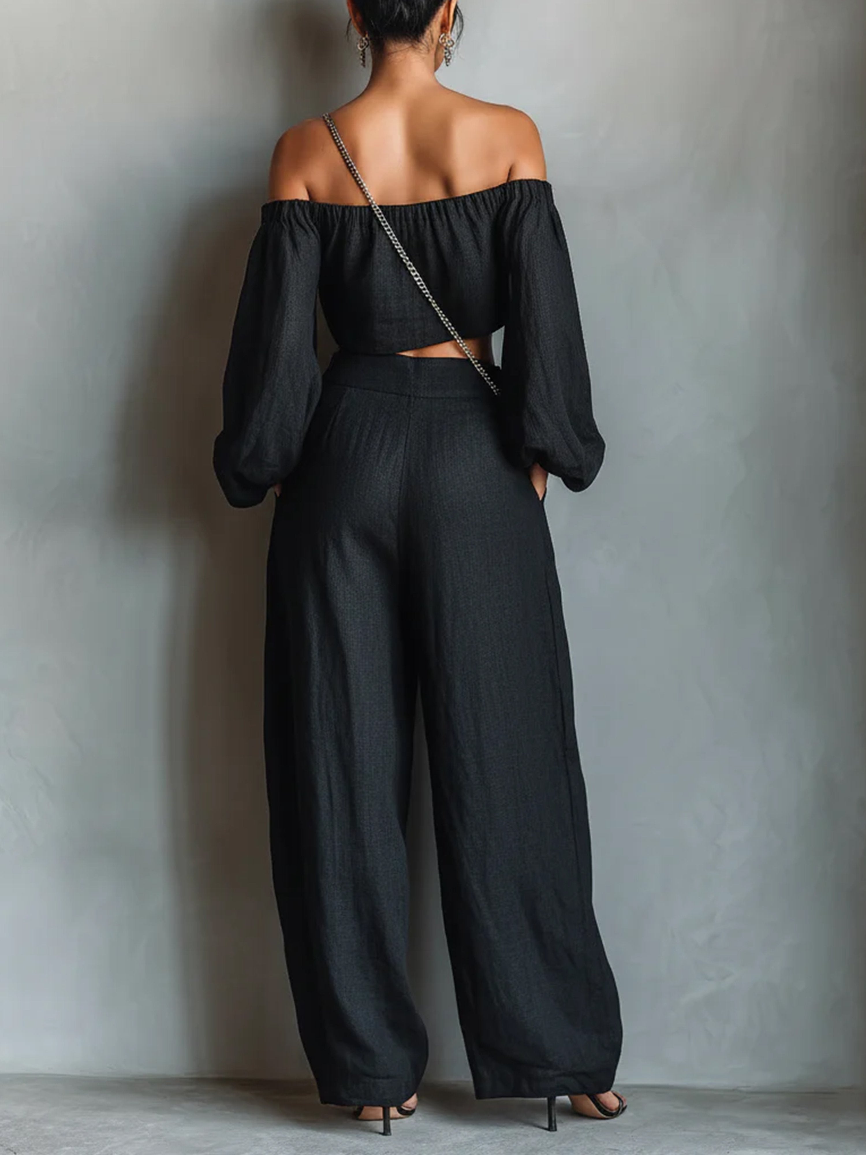 Women’s Black Casual Cotton-Linen Off-Shoulder Gathered Balloon Sleeve Blouse & Wide-Leg Pants Set