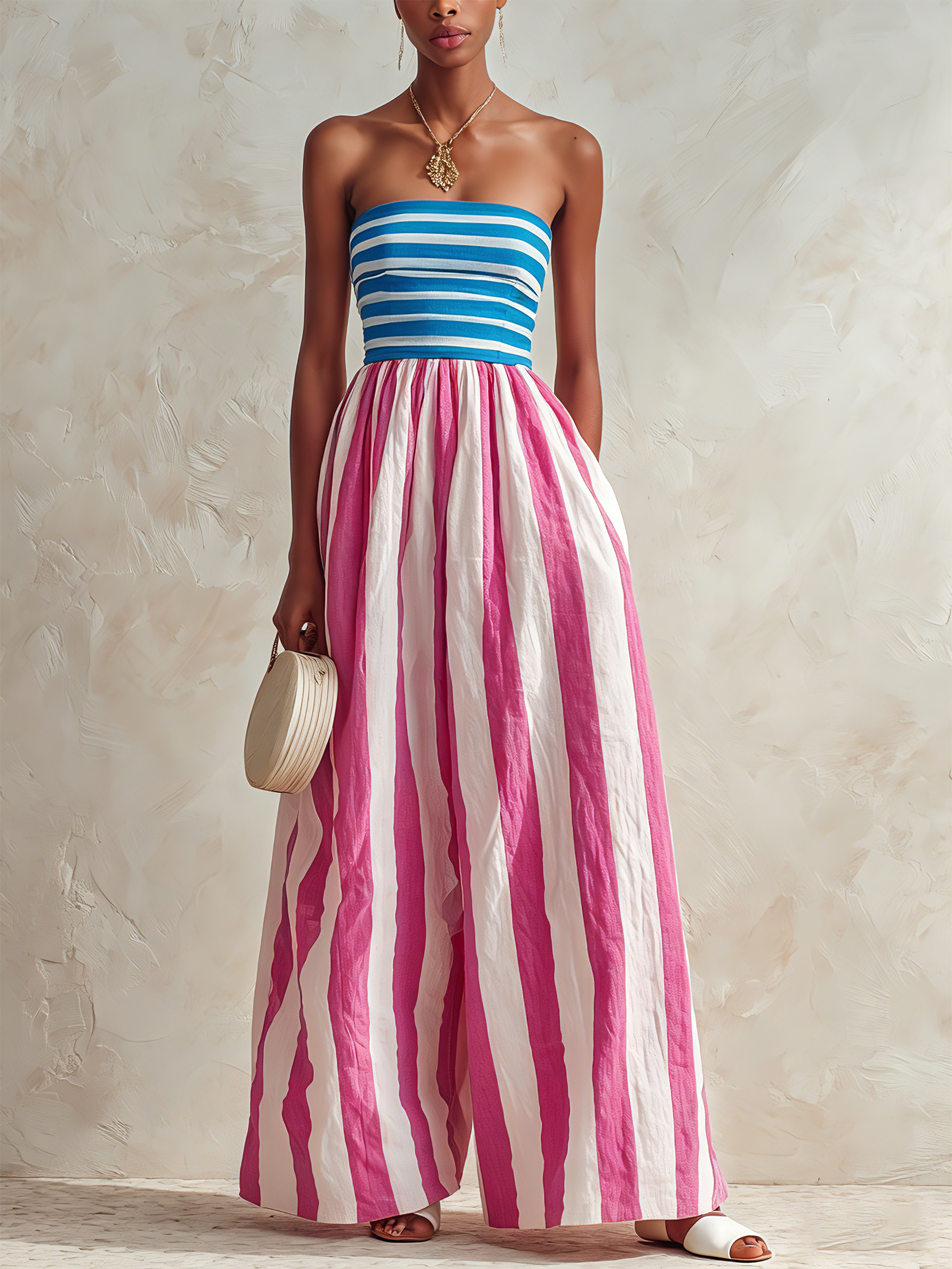 Red & White Striped Strapless Top With Blue & White Striped Wide-Leg Jumpsuit