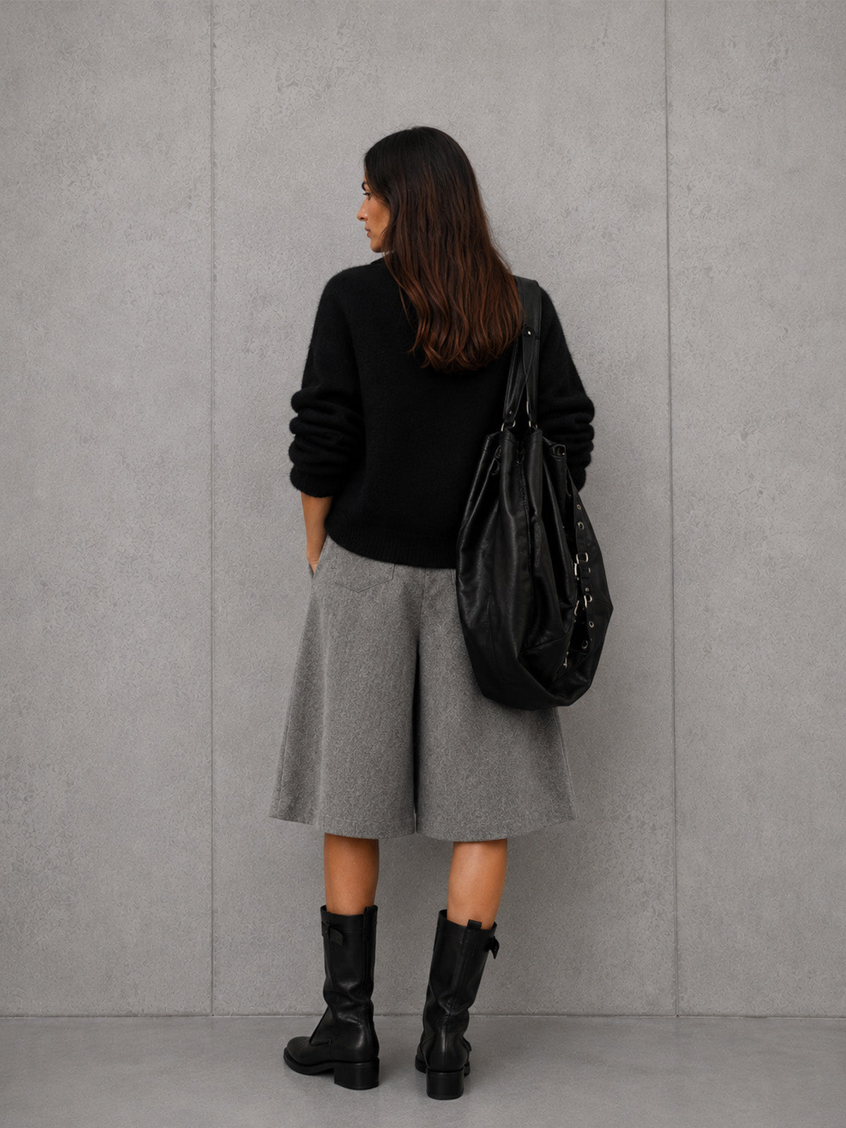 Women’s Black Modern Knit Stand Collar Long Sleeve Top and Gray Wide Leg Bermuda Shorts Set