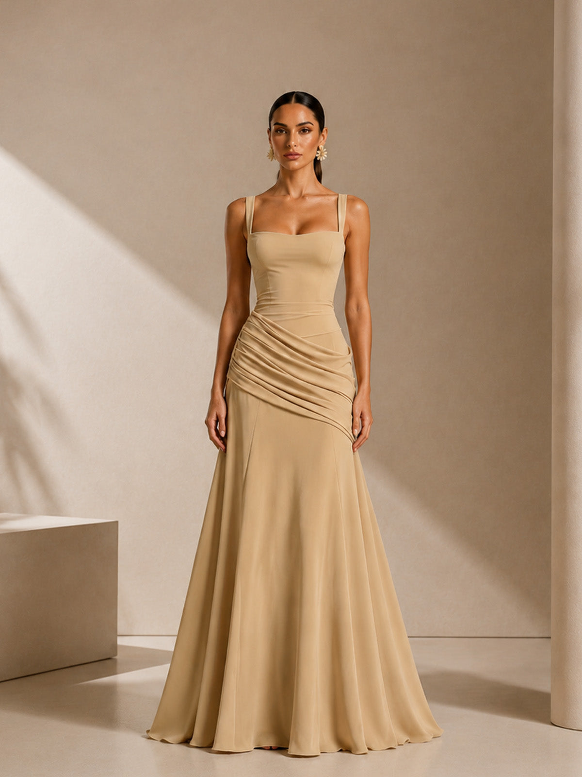 Women’s Yellow Elegant Ruched Square Neck Sleeveless Maxi Dress
