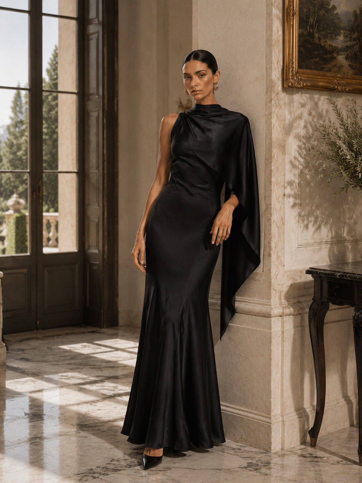 Women’s Glamorous Satin One-Shoulder Sleeveless Slim Mermaid Maxi Dress with Draped Train Detail