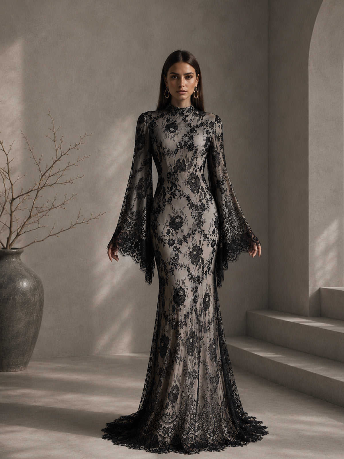 Women’s Black Elegant Lace Mock Neck Long Bell Sleeve Slim Mermaid Maxi Dress