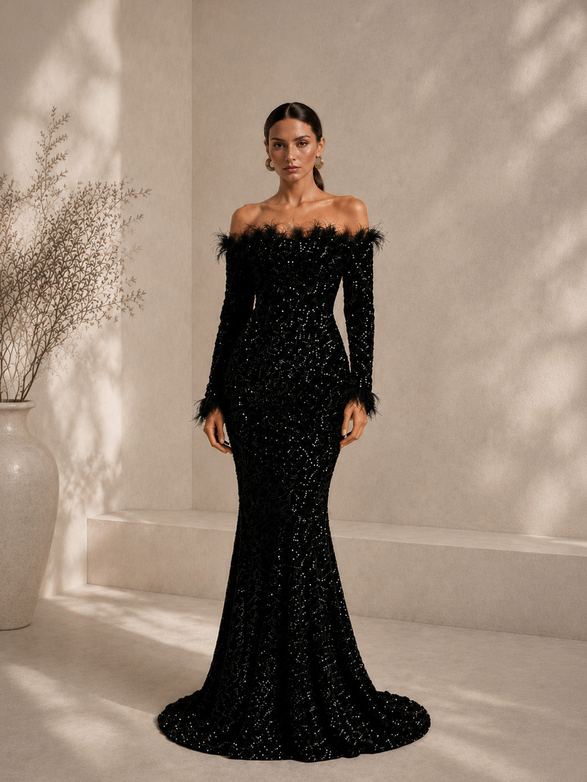Women’s Burgundy Luxe Sequin Off Shoulder Long Sleeve Mermaid Maxi Dress