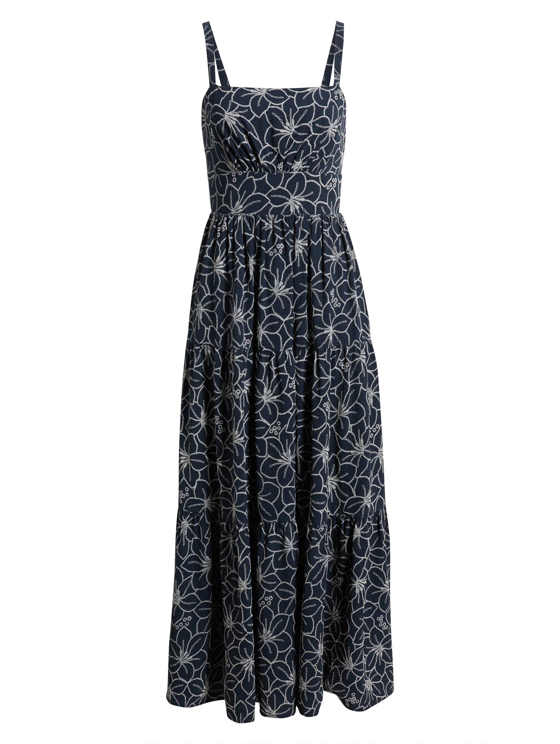 Women’s Navy Multi Romantic Square Neck Sleeveless Regular Maxi Dress with Floral Embroidery