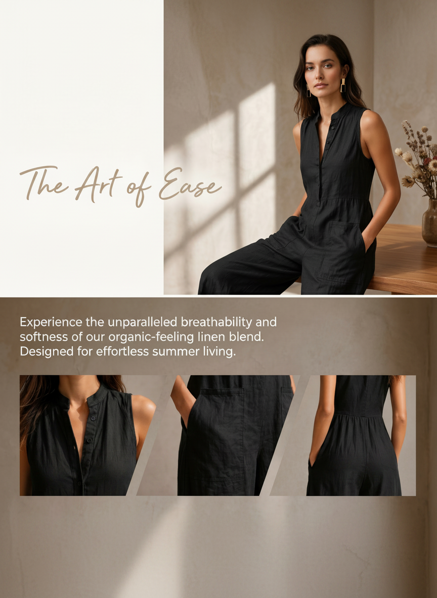 Women’s Black Casual Chic Linen-Blend Mandarin Collar Sleeveless Wide-Leg Ankle Jumpsuit