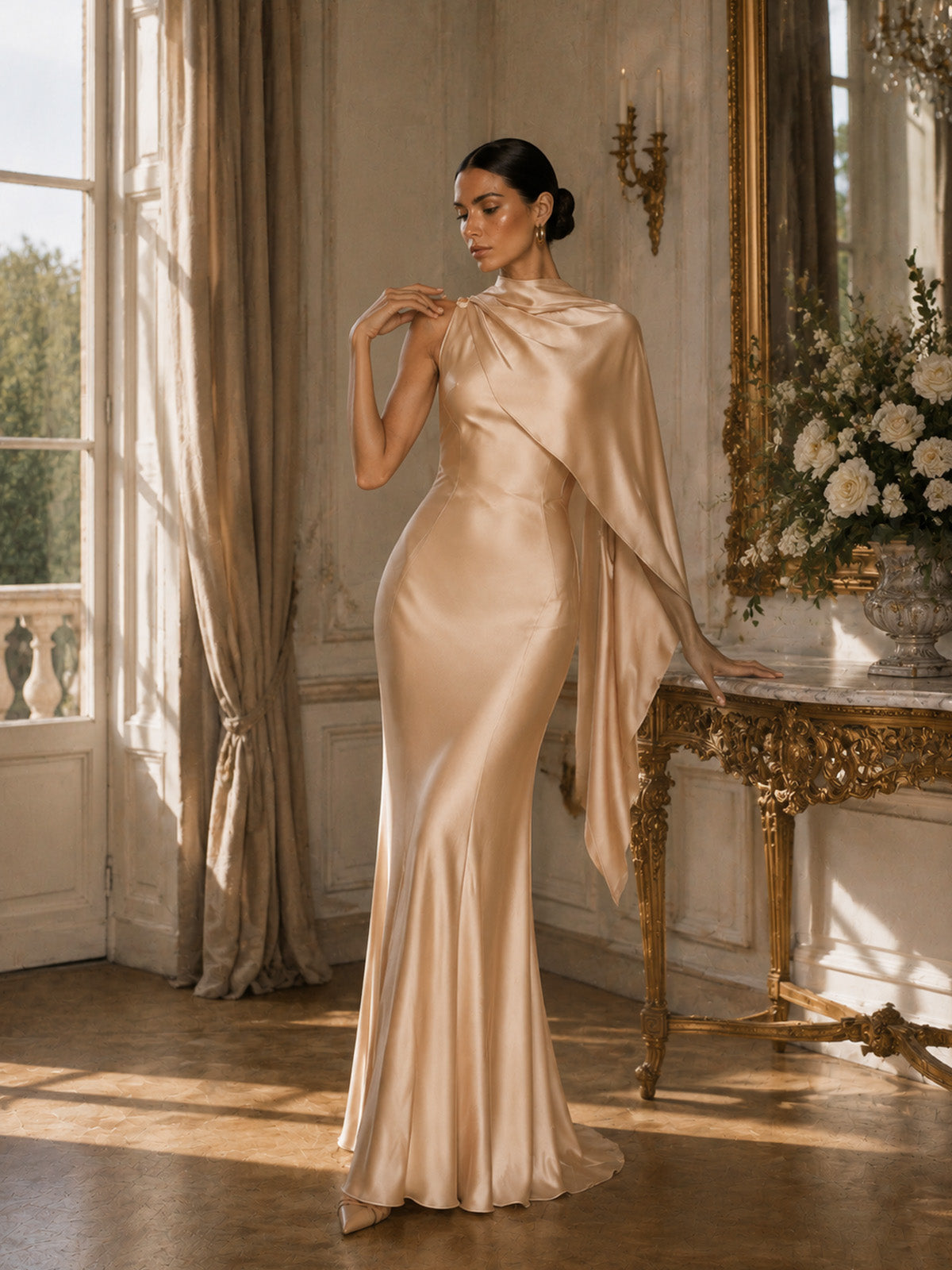 Women’s Glamorous Satin One-Shoulder Sleeveless Slim Mermaid Maxi Dress with Draped Train Detail