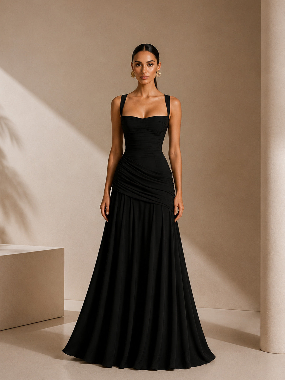 Women’s Yellow Elegant Ruched Square Neck Sleeveless Maxi Dress