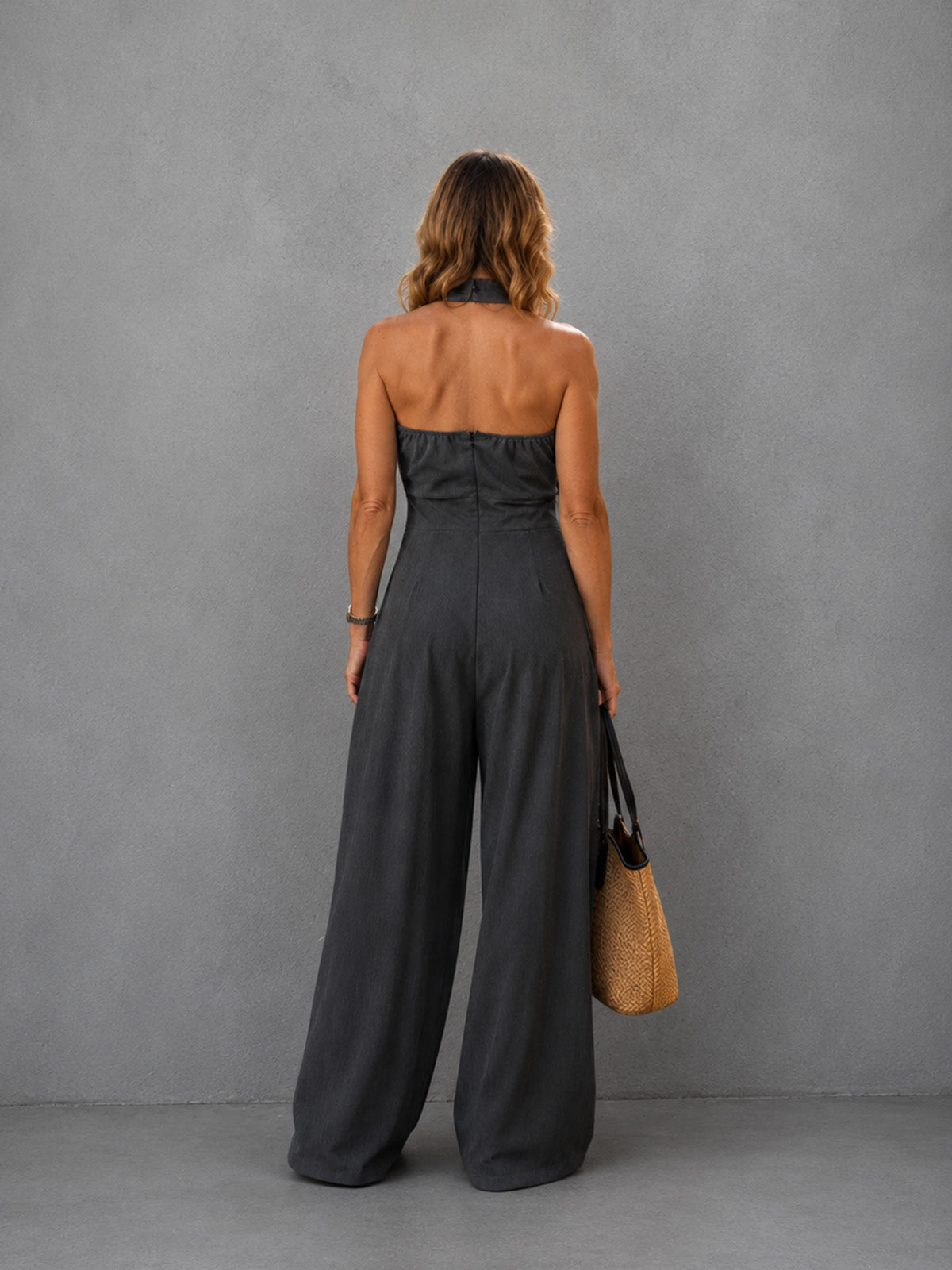 Women’s Dark Gray Elegant Cross-Halter Sleeveless Tailored Wide-Leg Jumpsuit