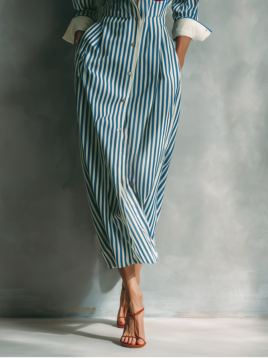 Women’s Striped Casual Cotton-Blend Collared Long Sleeve Relaxed Maxi Shirt Dress