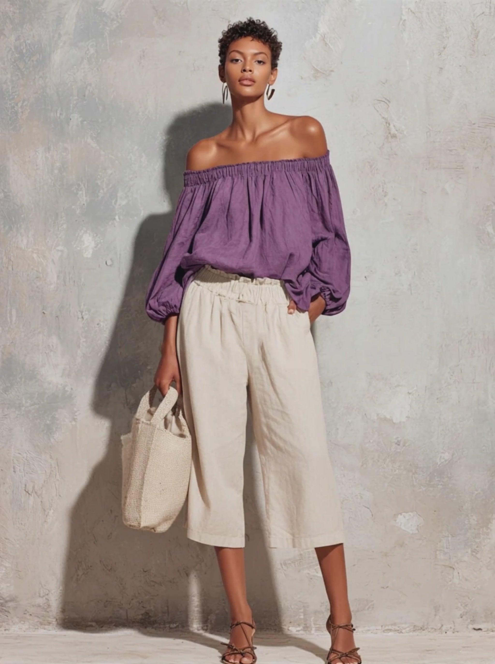 Women’s Purple Casual Cotton-Linen Off-Shoulder Long Lantern Sleeve Relaxed Top