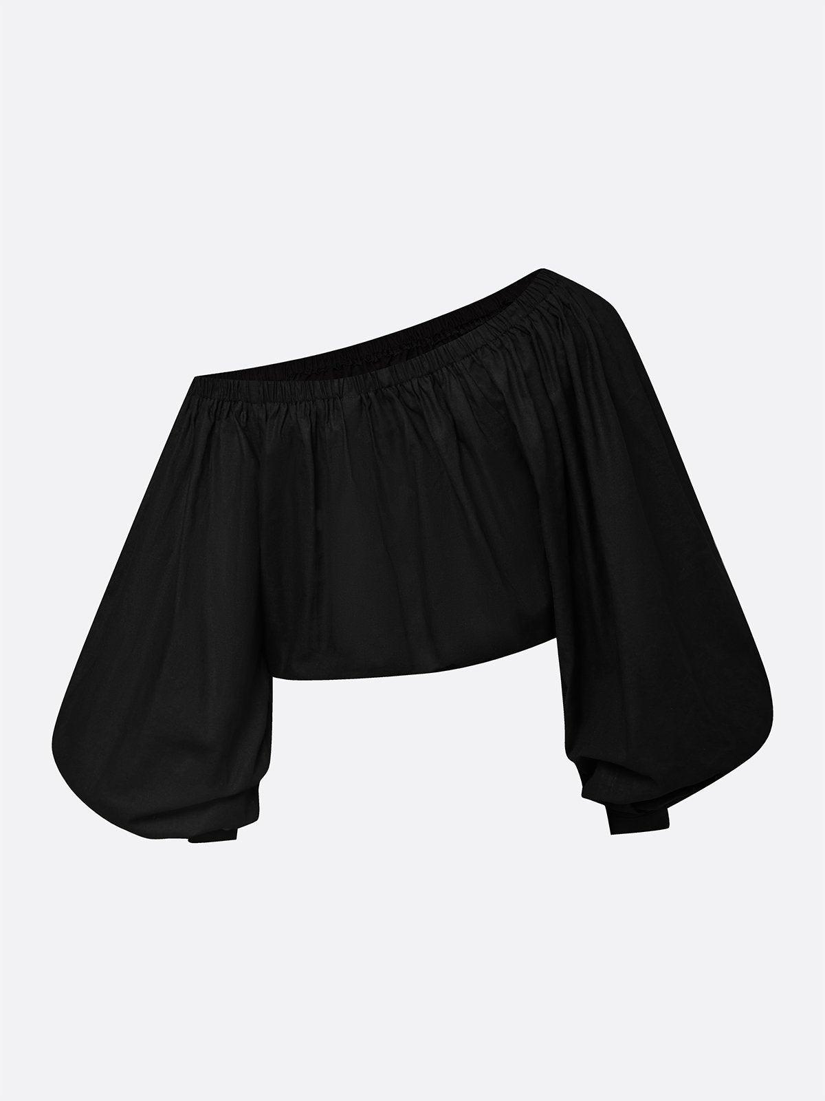 Women’s Black Casual Cotton-Linen Off-Shoulder Gathered Balloon Sleeve Blouse & Wide-Leg Pants Set