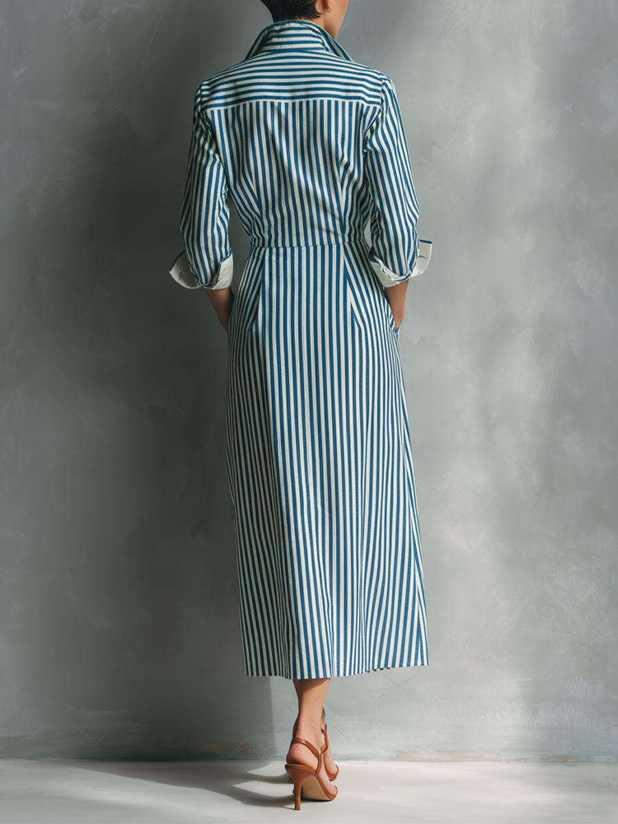 Women’s Striped Casual Cotton-Blend Collared Long Sleeve Relaxed Maxi Shirt Dress