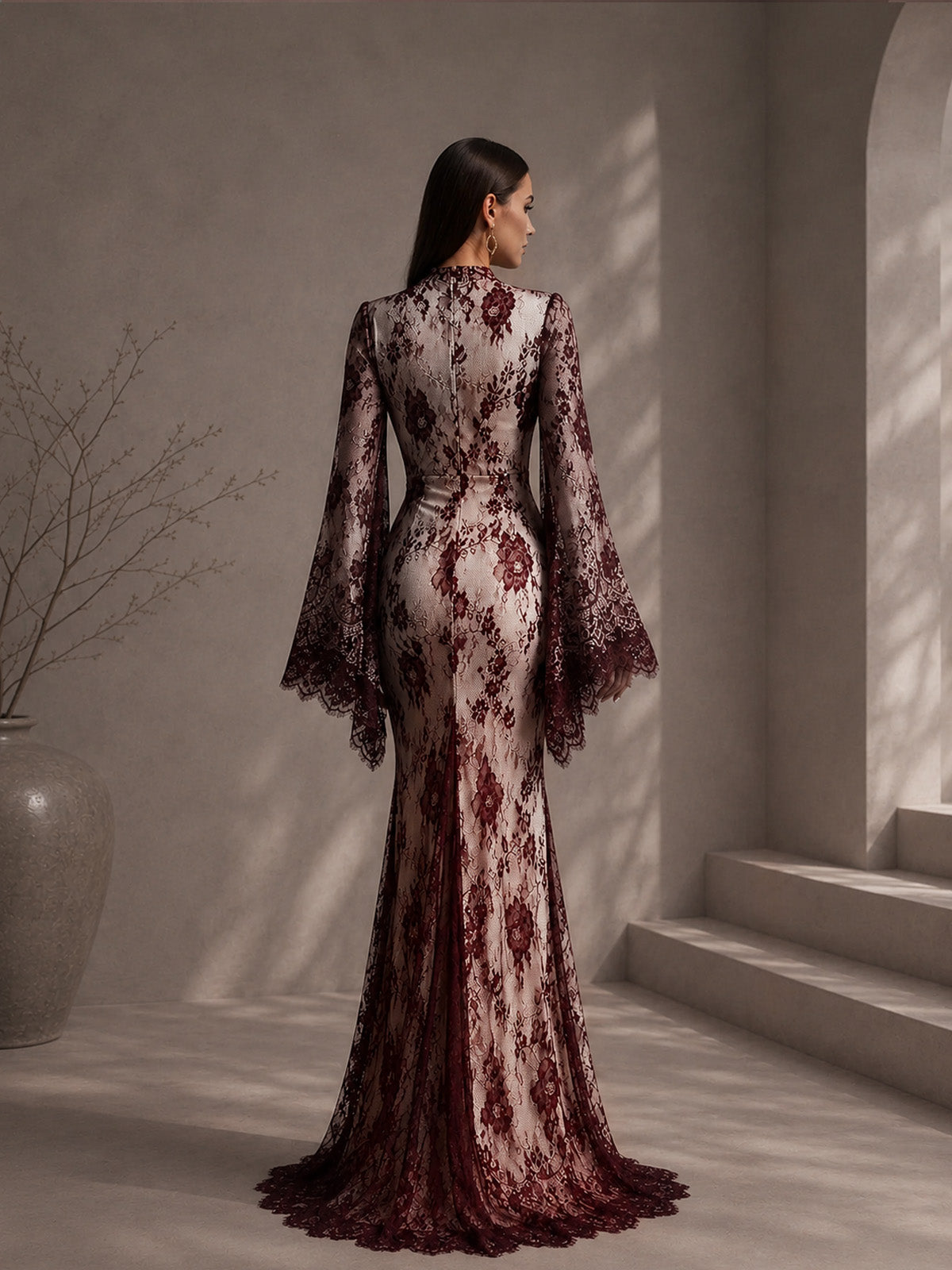 Women’s Black Elegant Lace Mock Neck Long Bell Sleeve Slim Mermaid Maxi Dress