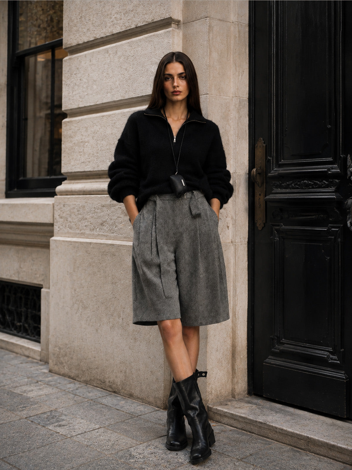 Women’s Black Modern Knit Stand Collar Long Sleeve Top and Gray Wide Leg Bermuda Shorts Set
