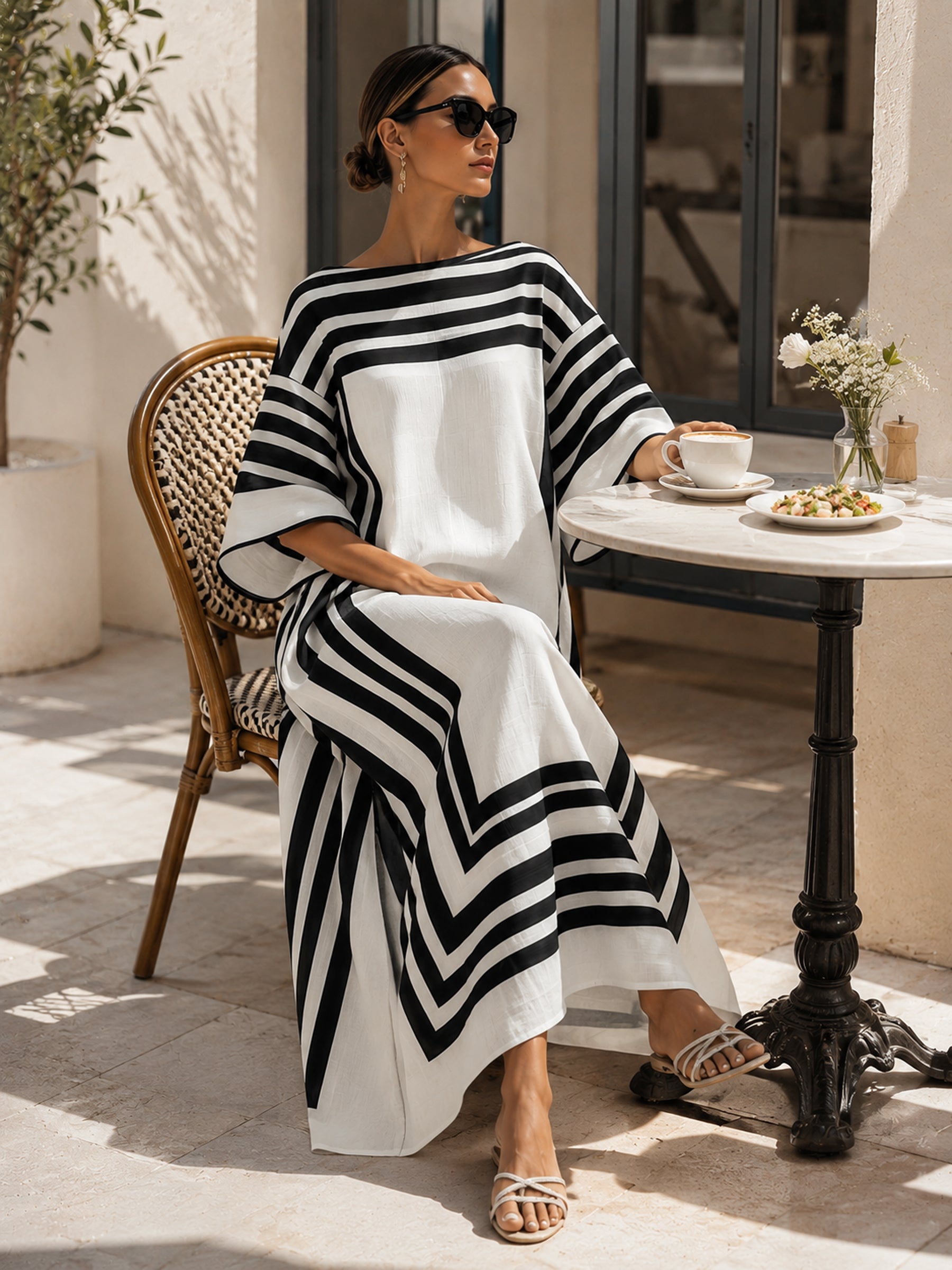 Oversized Black & White Striped Kaftan Maxi Dress