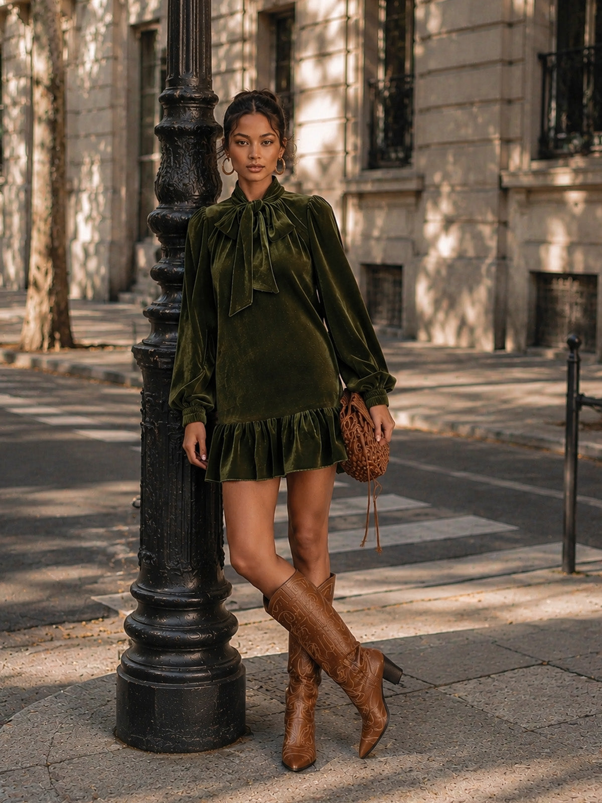 Women’s Dark‑Green Retro Velvet Bow‑Tie High Neck Lantern‑Sleeve Loose‑Fit Mini Dress with Ruffle Hem