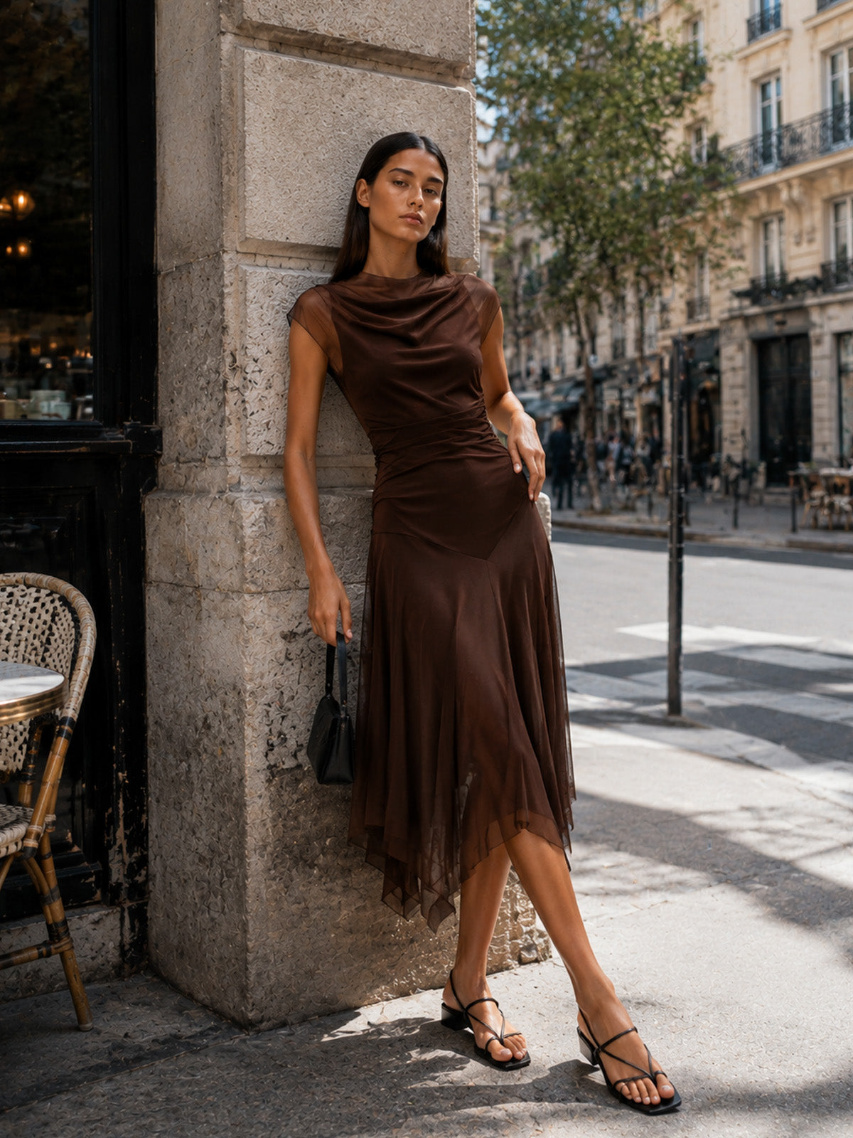 Women’s Black Sophisticated Draped Fabric High Neck Sheer Short Sleeve A-Line Midi Dress with Asymmetric Hem
